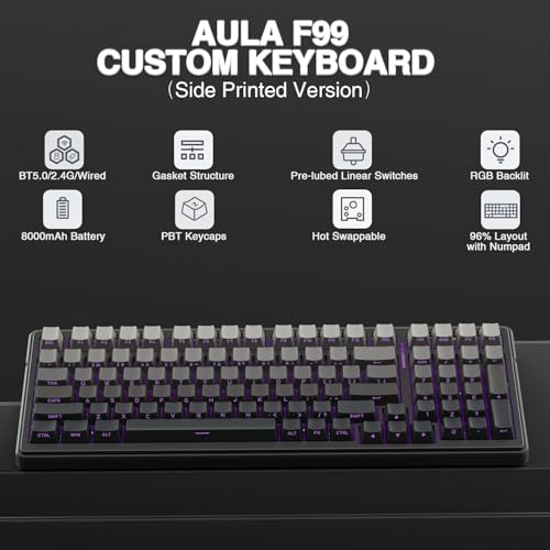 AULA F99 Mechanical Gaming Wireless Keyboard,Tri-Mode BT5.0/2.4GHz/USB-C Hot Swappable Custom RGB Backlit Creamy Computer Keyboard for PC/Tablet/PS/Xbox