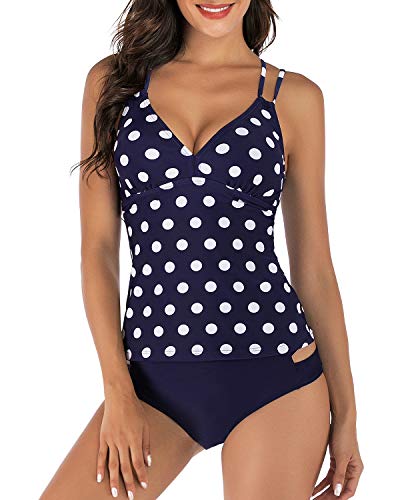 HAIVIDO Women's V Neck Tankini Set Criss Cross Back Tankini Top with Bikini Bottom Two Piece Bathing Suits Polka Dot L
