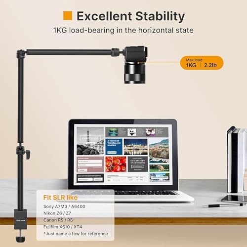VIJIM LS08 Overhead Camera Desk Mount Stand, Flexible Webcam Stand Microphone Boom Arm, 360° Rotation Tabletop Aluminum C-Clamp, Standard ¼ ⅜ ⅝ Screw for DSLR Camera, Microphone & Webcam