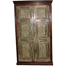 Mogul Interior Indian Antique Cabinet Beautiful Hand Carving Solid Wood Green Rustic Vintage Armoire Storage
