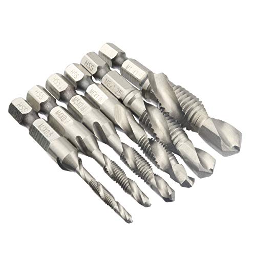 Nxtop 6pcs Combination 1/4" Hex Twist Tap Drill HSS M3-M10 Bit Screw Countersink Hexagonal Handle Metric Taps White Diamond/Titanium Plated