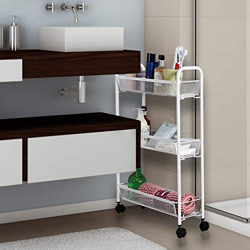 DESIGNA Rolling Household Trolley Cart, 3 Tier Slim Utility Carts with Steel Wire Shelves, Mesh Storage Cart with Easy Moving Wheels for Home Kitchen Bathroom, Multi-Function, White