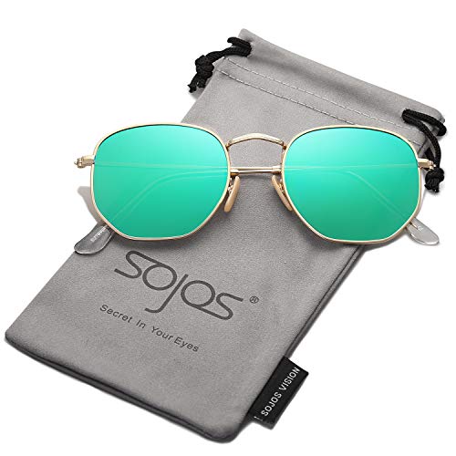 SOJOS Small Square Polarized Sunglasses for Men and Women Polygon Mirrored Lens SJ1072 with Gold Frame/Green Mirrored Lens
