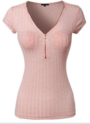 Zipper Ribbed V-Neck Short Sleeve Sexy Vixon Plus Shirt Top 1x2x3x (3x, Lt Pink)