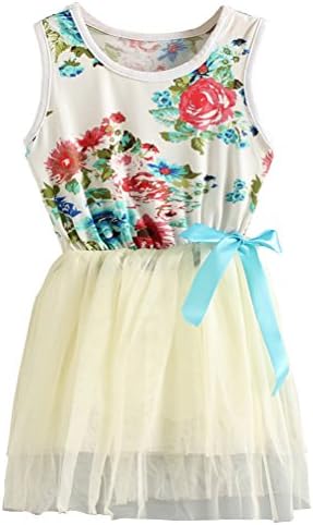 Theplus Little Girls Sleeveless Floral Princess Dress Tulle Tutu Sundress 3T Beige