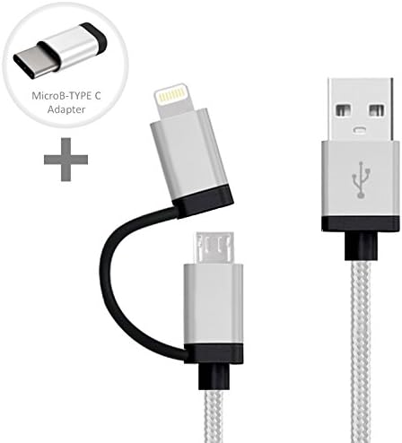 LOE Special Set - USB Type C To Microusb Adapter Connector + [Apple Mfi Certified] Duo 2-In-1 USB Cable Silver