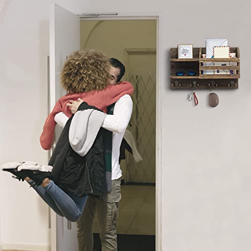 Mail Organizer Wall Mounted with Key Hooks, Wood Mail Holder and Sorter