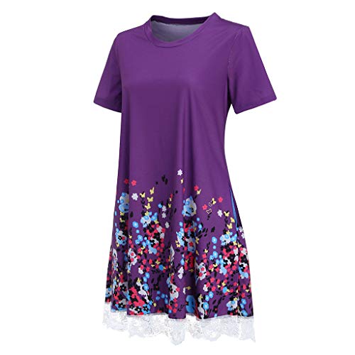 TIFENNY Mini Dress for Women O Neck Casual Print with Pocket Lace Short Sleeve Mini Dress Loose Party Dress Purple