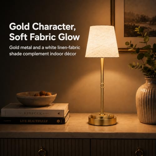 Rechargeable Table Lamp, 6000mAh Cordless Bedside Lamp, Gold, 3000K | Moves From Bedside to Side Table, 12-36H Runtime, 5%-100% Touch Dimming, Soft Linen Glow, 40.6 cm High