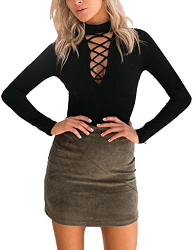 EKIMI Women's Cotton Sexy Halter V-neck Long-sleeved Shirt Straps Jumpsuit (S, Black)