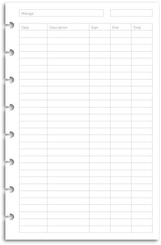 Discbound Paper, Junior Size Mileage Log Sheets - Premium 120gsm Heavyweight Notebook & Planner Refills - 8 Discs, 5.5 x 8.5 in - Punched for Circa, Arc, TUL (50 Sheets)