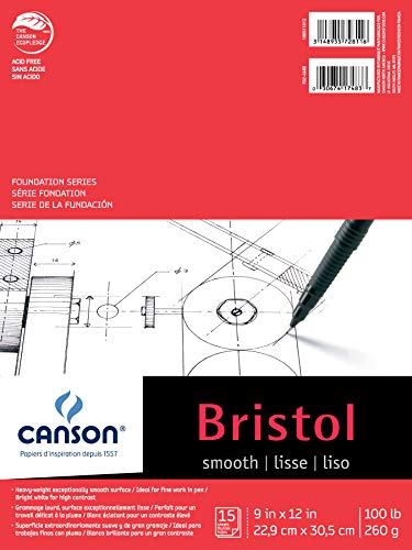 Canson Foundation Series Bristol Paper Pad, Heavyweight High Contrast Paper for Pen, Smooth Finish, 100 Pound, 9 x 12 Inch, Bright White, 15 Sheets