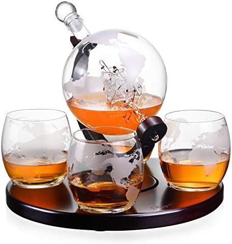 Royal Decanters Etched Globe Whiskey Decanter Gift Set- Glasses & Glass Beverage Drink Dispenser also for Brandy Tequila Bourbon Scotch Rum -Alcohol Related Gifts for Dad (850ML) (4 Glass Round)