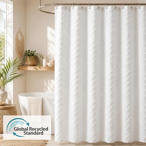 White Boho Fabric Shower Curtain 72 x 72 Inches, Modern Shabby Chic Textured Tufted Chevron Striped Minimalist Cloth Bathroom Shower Curtain