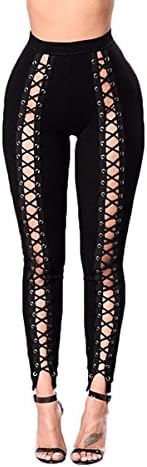 Tobo Digital Women's Lace up Leggings Front Hollow Out Stretch Skinny Pants High Waist Leggings Narrow Trousers Black (Size XL)