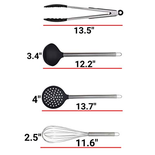 12 Piece Silicone and Stainless Steel Kitchen Cooking & Serving Utensil Set, Includes Solid Spoon, Slotted Turner, Slotted Spoon, Ladle, Skimmer, Tongs, Pasta Server, Potato Masher & Whisk - Thumbnail 6