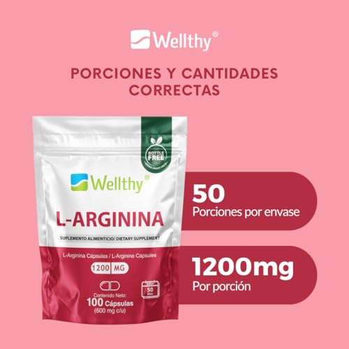Wellthy L-Arginina 1200mg 100 Caps. 100% Pura y Natural, 50 Porciones por Envase, Alta Pureza con Certificaciones Internacionales, Bottle Free