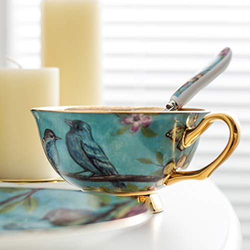 Panbado 3 Piece Bone China Tea Cup Saucer Set with Spoon Porcelain Gold Rimmed Teacup Coffee, Flower and Birds, 200 mL/6.8 oz, Blue, Cup & Saucer
