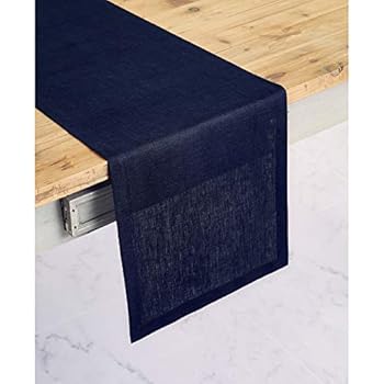 Solino Home 100% Pure Linen Table Runner - 14 x 48 Inch Athena, Handcrafted from European Flax, Natural Fabric Runner - Navy