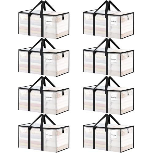 8 Pack Extra Large Heavy Duty Moving Bags, Clear Storage Bins with Lids, Reinforced Handles & Heavy-Duty Zippers Moving Boxes Storage Bags Totes for Clothes Packing, Dorms, College Supplies, Clear