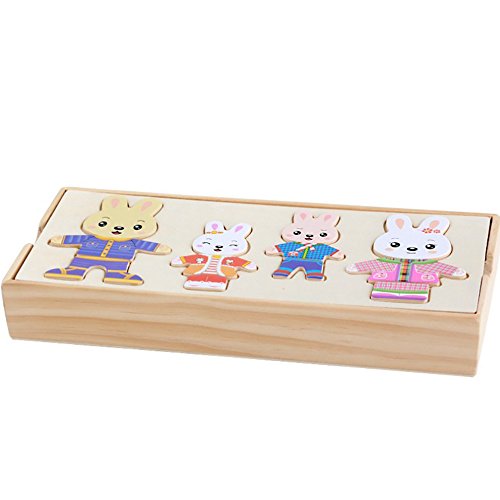 callm Educational Toy,Cartoon 4 Rabbit Bear Dress Changing Jigsaw Puzzle Wooden Toy (B) - Thumbnail 5