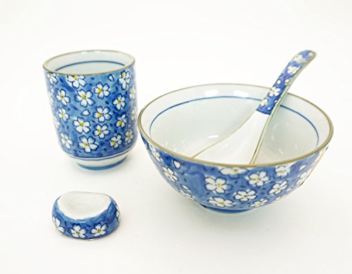 Japanese Traditional Cherry Blossom Sakura Dinnerware Set for 1 with Ceramic Rose Bowl Sushi Restaurant Tea Cup Ceramic Spoon and Ceramic Chopsticks Rest Holder Gift Set Tableware Starter Kit (Blue)