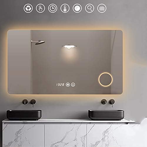 PLHMS Bathroom Mirror, Smart Mirror LED Illuminated Wall Mounted Light Bathroom Mirror Defog Mirror Promise Toning Brightness Adjustment Copper-Silver Mirror Explosion-Proof