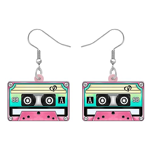 DOWAY Cute Retro Acrylic Dangle Cassette Ribbon Earrings with Mixtape Tape for Cover Funny 70s 80s Gifts Party Accessories for Women