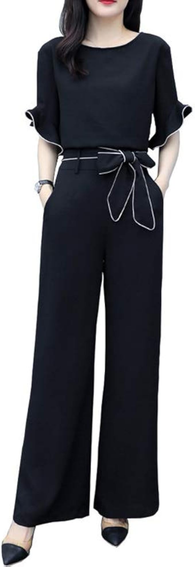 Amazon レディース 通勤 Ol 上下セット ロングパンツ 夏 黒 ゆったり セットアップ 大きいサイズ 2点セット 着痩せ 無地 大人 ビジネスウェア ジャージ上下セット 通販