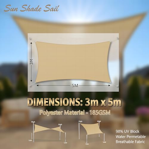 Beauenty Sun Shade Sail Canopy,98% UV Block,Rectangular Curved Canopy,Permeable 185GSM Sail Shade Cover for Patio,Garden,Pergola,Backyard,Outdoor Facility&Activities(3m x 5m)