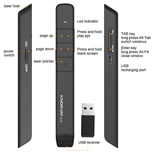 KNORVAY N78GBK Green Laser Pointer Presentation with 16GB Memory, Wireless Presenter Rechargeable PowerPoint Clicker for Presentation Remote, Slide Advancer Supports for Hyperlink/Keynote/Mac