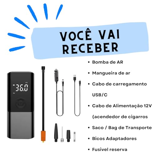 Bomba Ar Portátil Calibrador Encher Pneu Carro Bike Moto Mini Compressor | Carro, Bike, Moto, Encher Pneu