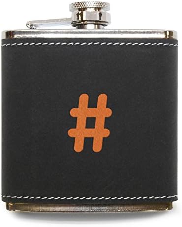 Hashtag Grey Leather 6 Oz Flask Stainless Steel Body, Handmade In Usa