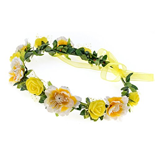Love Sweety Girls Boho Rose Floral Crown Wreath Wedding Flower Headband Headpiece (Yellow)