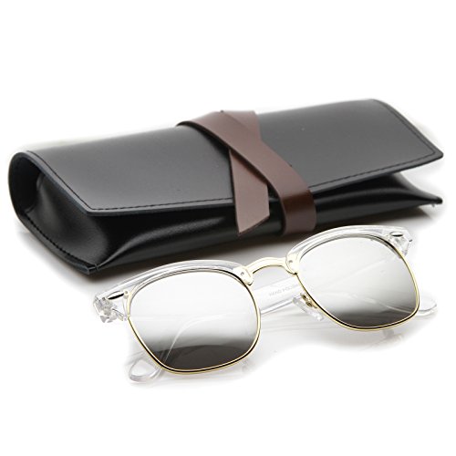 zeroUV - Premium Half Frame Horn Rimmed Sunglasses with Metal Rivets (Clear-Gold / Mirror)