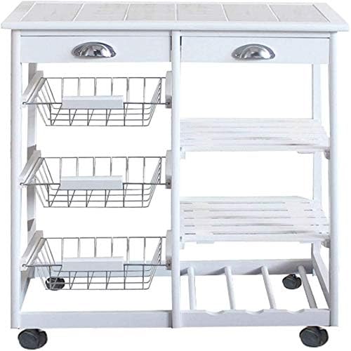 CSK Rolling Utility Trolley on Wheels with Storage Drawer, Cabinets and Cupboard 2-Drawer 3-Basket 3-Shelf Storage Rack with Rolling Wheels White, Kitchen Island Cart w/Wooden High,
