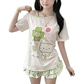Womens Y2K Off Shoulder Kawaii T-Shirt Suit Hrajuku Plaid Ruffled Lace Pumpkin Short Pants Cute Cat Graphic Tops