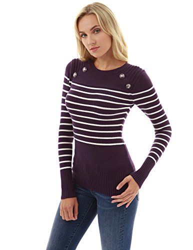 PattyBoutik Women Crewneck Striped Military Sweater (Dark Purple and Ivory Small) - Thumbnail 2