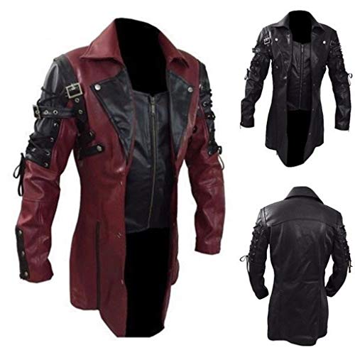 LUCAMORE Mens Leather Goth Matrix Trench Coat Trench Coat Steampunk Gothic Gothic of Month (Red/Black) M-XXL