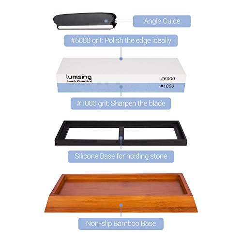 Lumsing Sharpening Stone, Knife Sharpener, Sharpener Knife Stone, Whetstone Sharpener with Non-Slip Bamboo Base & Angle Guide, 1000/6000