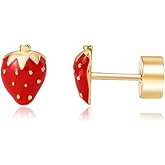 Lansora Gold Plated Flat back Stud Earrings for Women Enamel Fruit Flatback Earrings Cherry Chili Pepper Peach Strawberry Small Helix Earrings