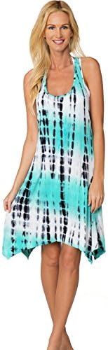 IGX Women's Casual Tie Dye Swing Racerback Tank Dresses Loose T-Shirt Sundress Summer Beach Rayon Dress (C - Turquoise, X-Large)