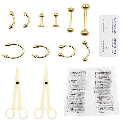 Romlon Piercing Kit, 36PCS Professional Piercing Kit 14G 16G 18G Steel Piercing Needles Belly Ring Tongue Tragus Nipple Lip Nose with Alcohol Pads for Piercing Kit and Piercing Supplies