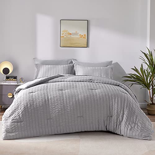 CozyLux King Seersucker Comforter Set with Sheets Light Grey Bed in a