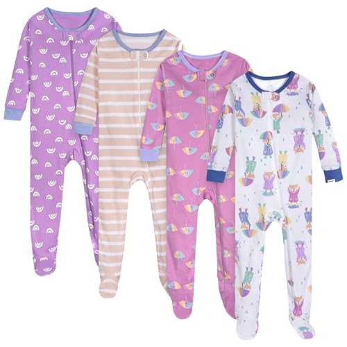 Onesies Brand Baby Girls' 4-Pack Footed Pajamas, Rainy Day, 6-9M