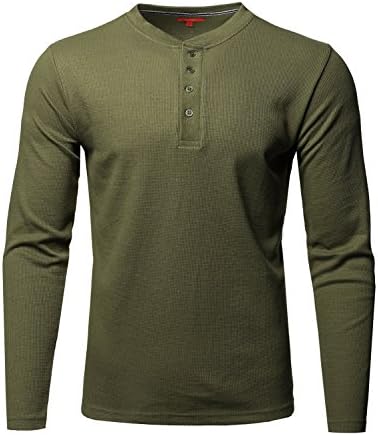 Youstar Premium Quality Thermal Henley Crew Neck Long Sleeve T-Shirt Olive Size S