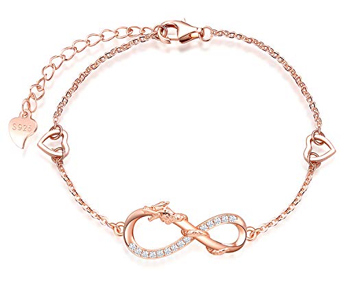 MicLee Woman's girl's Bracelet, 925 Sterling Silver bracelet, Lucky dragon and infinity symbol bracelet, with mini hollow heart, Inlaid zircon, adjustable chain, design of animal bracelet