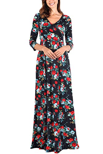 Comila Long Dress with Flutter Sleeves, Bohemian Floral Print Maxi Dress Petite Summer V Neck Wrap Long Dress Empire Waist Slimming Flattering A Line Dress Black/Red/Green L (US 12-14)