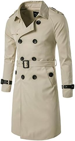 lovever Mens Fashion Classic Business Double-breasted Belt Long Trench Coat Khaki L