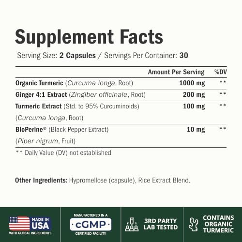 Turmeric and Ginger Supplement with Organic Tumeric for Daily Joint Support, Digestive & Immune Health – with Ginger & Black Pepper Extract (BioPerine) for Enhanced Absorption – Non-GMO – 60 Capsules